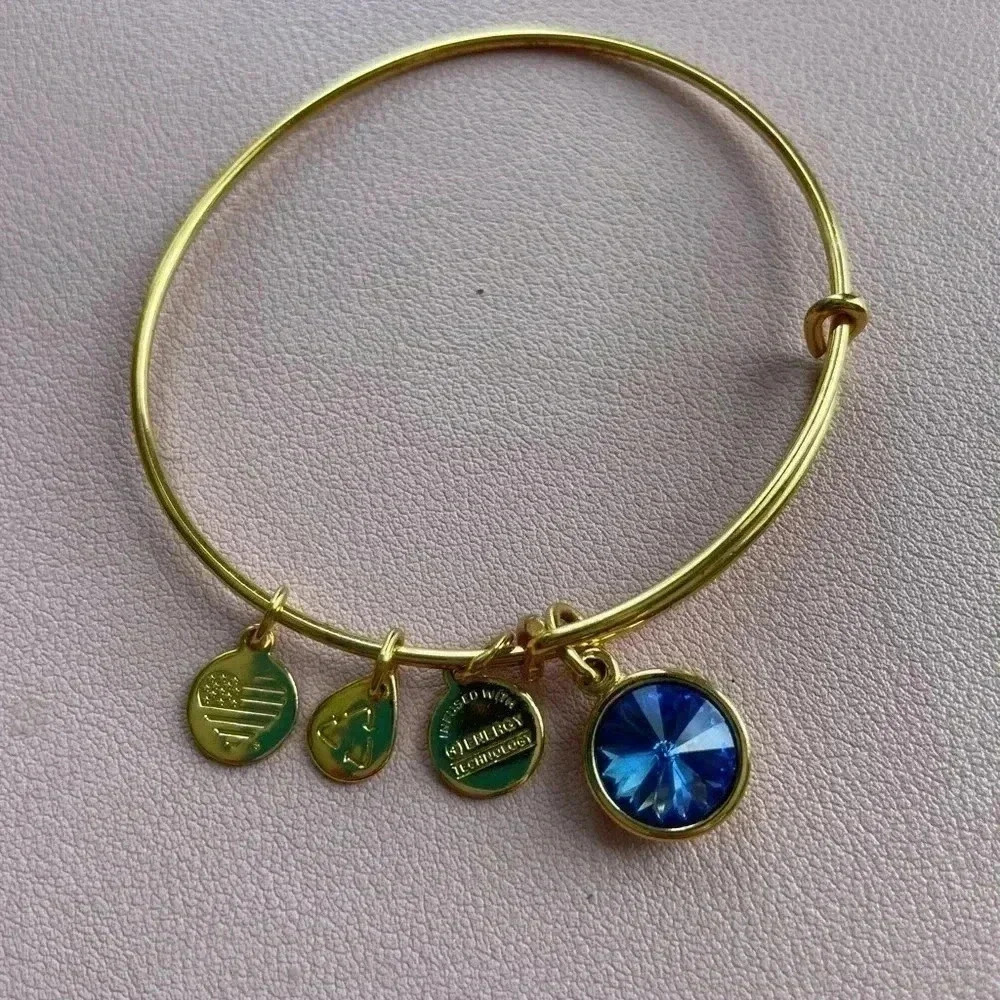 Alex & Ani Goldtone Expandable Bracelet Blue Stone Charm September Adjustable